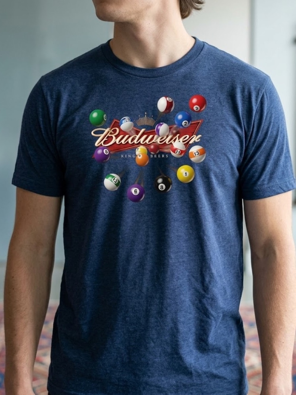 Gildan Navy Blue Budweiser Tee with Multicolored Pool Ball Graphic